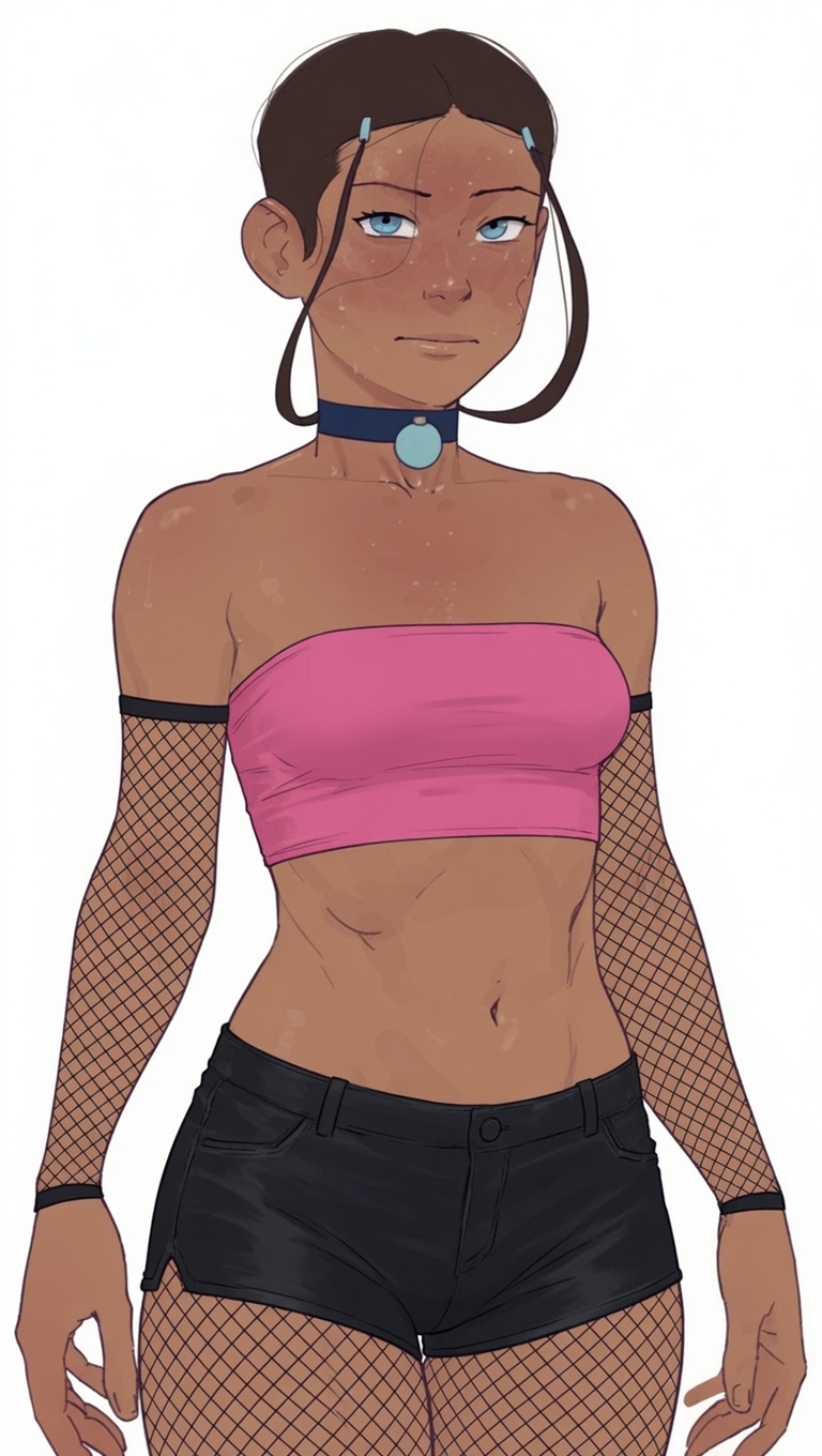 ai assisted, avatar (series), avatar the last airbender, black shorts, crop top, dark hair, dark skin, dark skinned, dark skinned female, dark-skin, dark-skinned female, female, female focus, female only, fishnet, fishnet armwear, fishnet legwear, fishnet thighhighs, fishnets, katara, ngmi, nickelodeon, pink shirt, shorts, solo, solo female, solo focus, strapless bra, strapless top, strapless topwear, teen, teen girl, teenage girl, teenager, thick thighs, young, young female