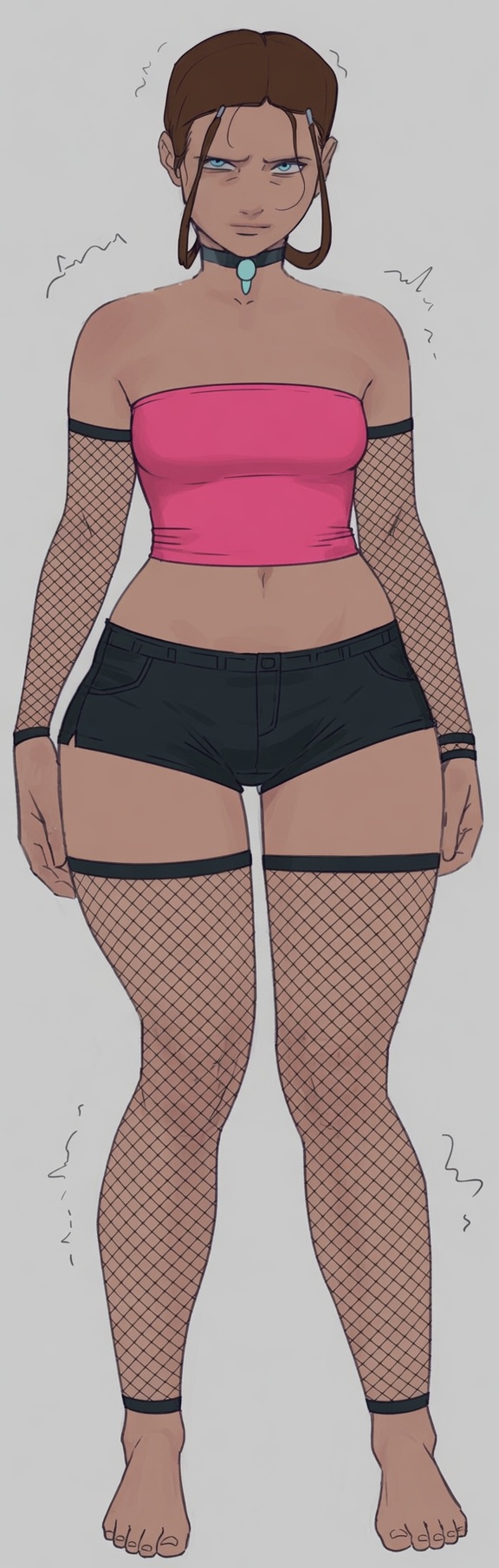 ai assisted, avatar (series), avatar the last airbender, barefoot, black shorts, crop top, dark hair, dark skin, dark skinned, dark skinned female, dark-skin, dark-skinned female, female, female focus, female only, fishnet, fishnet armwear, fishnet legwear, fishnet thighhighs, fishnets, katara, ngmi, nickelodeon, pink shirt, shorts, solo, solo female, solo focus, strapless bra, strapless top, strapless topwear, teen, teen girl, teenage girl, teenager, thick thighs, young, young female