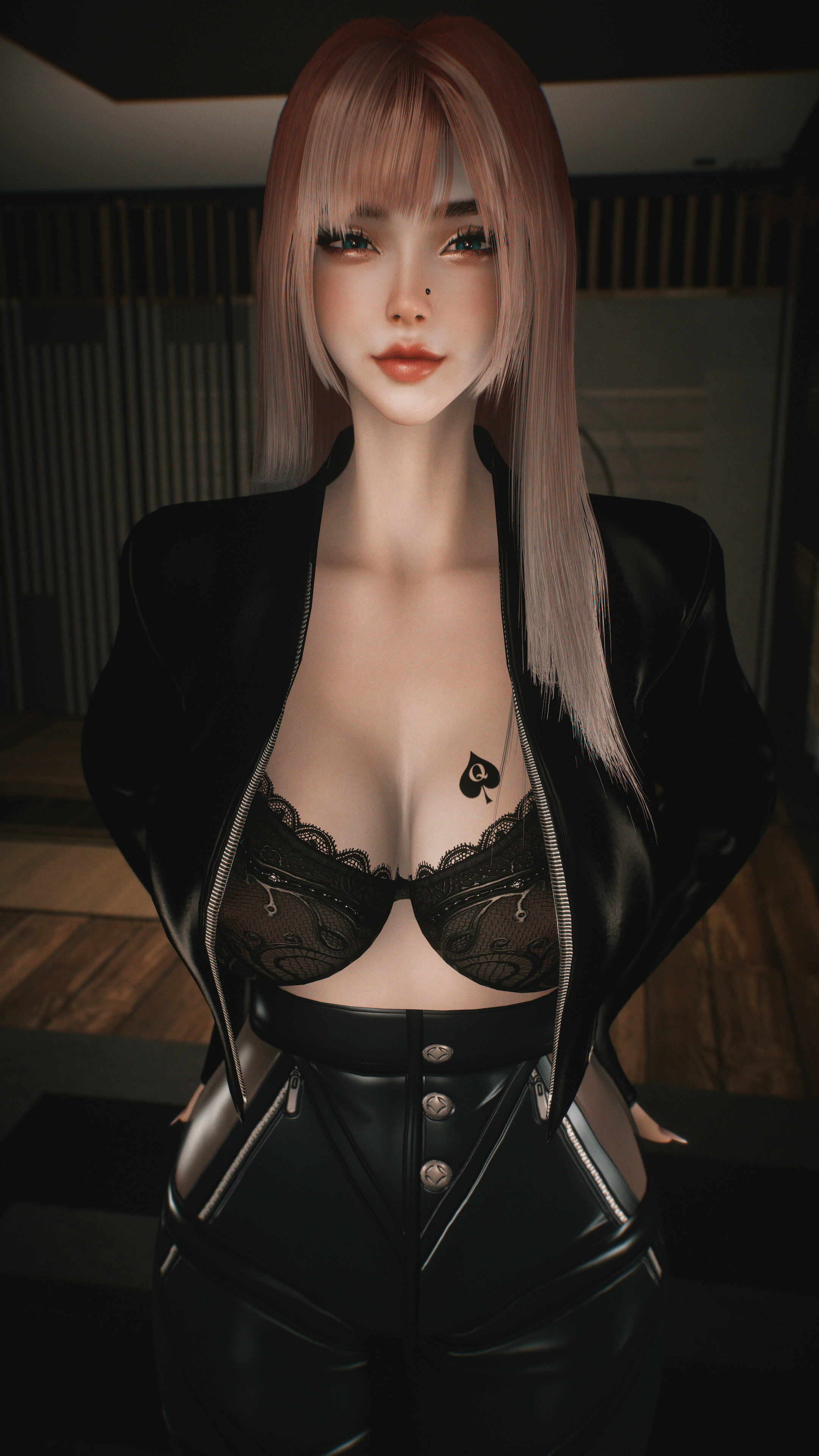 1girl, 1girls, 2026, 3d, 4k, aqua eyes, asian, asian female, background, bags under eyes, bed, bedroom, big breasts, big lips, bnwo, bra, breasts, chromatic aberration, clothed, clothing, crashbanditkut, depth of field, detailed background, dyed hair, eyebrows, eyelashes, eyeshadow, female, hair, half-closed eyes, hands on ass, hi res, high resolution, highres, human, indoors, inside, jacket, japanese, japanese female, light skin, light-skinned female, lips, lipstick, long eyelashes, long hair, long nails, looking at viewer, makeup, mascara, mature, mature female, mature woman, multicolored hair, nail polish, nails, night, nose piercing, original, original character, pants, pinup, qos, qos tattoo, queen of spades, queen of spades symbol, queen of spades tattoo, red hair, room, self upload, smile, smiling, smiling at viewer, snowbunny, solo, solo female, solo focus, standing, straight, straight hair, stud piercing, tattoo, thick, thick eyebrows, thick lips, thick thighs, thighs, virt-a-mate, virtamate, voluptuous, voluptuous female, white hair, young, young female
