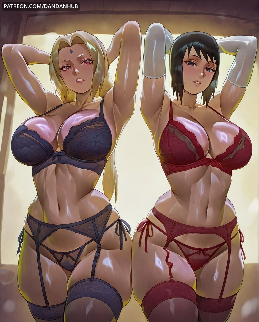 2girls ai_generated armpits arms_behind_head arms_up black_bra black_garter_belt black_hair black_panties blonde_hair blush boruto:_naruto_next_generations bra breasts cleavage curvy dandanhub elbow_gloves facial_mark female female_only forehead_mark garter_belt gloves huge_breasts large_breasts lingerie long_hair looking_at_viewer mature_female multiple_girls naruto naruto_(series) naruto_shippuden navel panties parted_lips red_bra red_panties shiny shiny_hair shiny_skin shizune short_hair side-tie_panties skindentation sweat tan thick_thighs thighhighs thighs toned tsunade underwear wide_hips