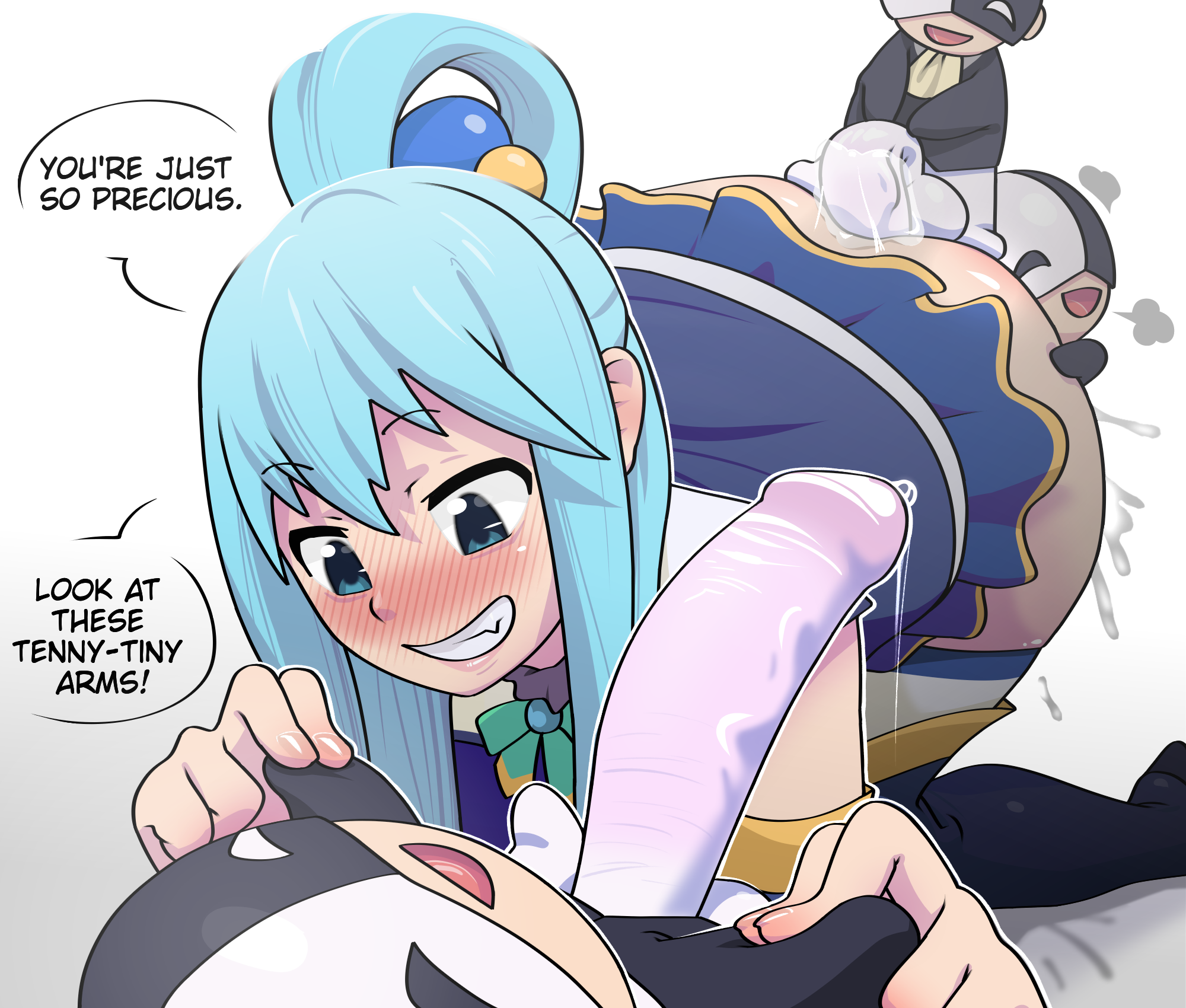 1girl, 1girls, 2d, 3boys, anal, aqua (konosuba), big penis, bigger female, blue eyes, blue hair, blush, blush lines, cum, dialogue, double penetration, endofeminal, female, kono subarashii sekai ni shukufuku wo!, konosuba, male, masked male, skirt, smaller male, smile, vanir (konosuba), white skin