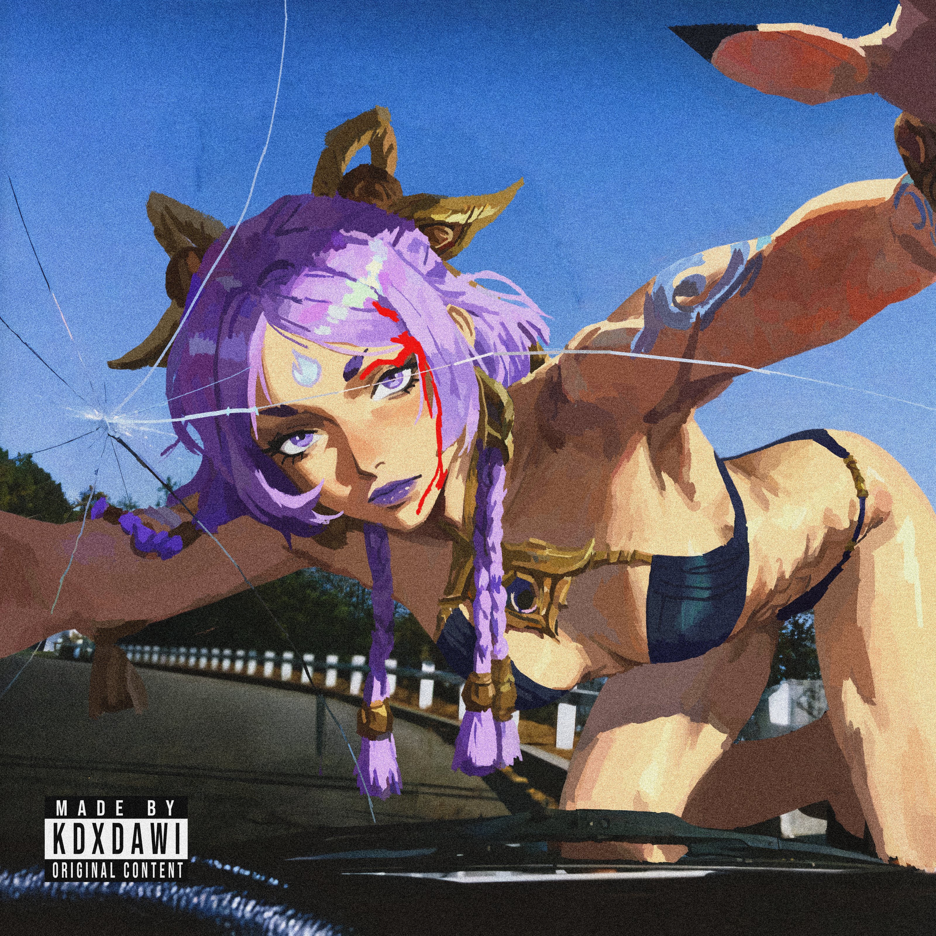 1girl, 1girls, album cover, album reference, armpits, artist request, bikini, black bikini, blood, blood on face, car, charli xcx, crash (charli xcx), female, hair ornament, highres, league of legends, looking at viewer, outdoors, purple hair, purple lipstick, riot games, sharp nails, solo, solo female, solo focus, yunara (league of legends)