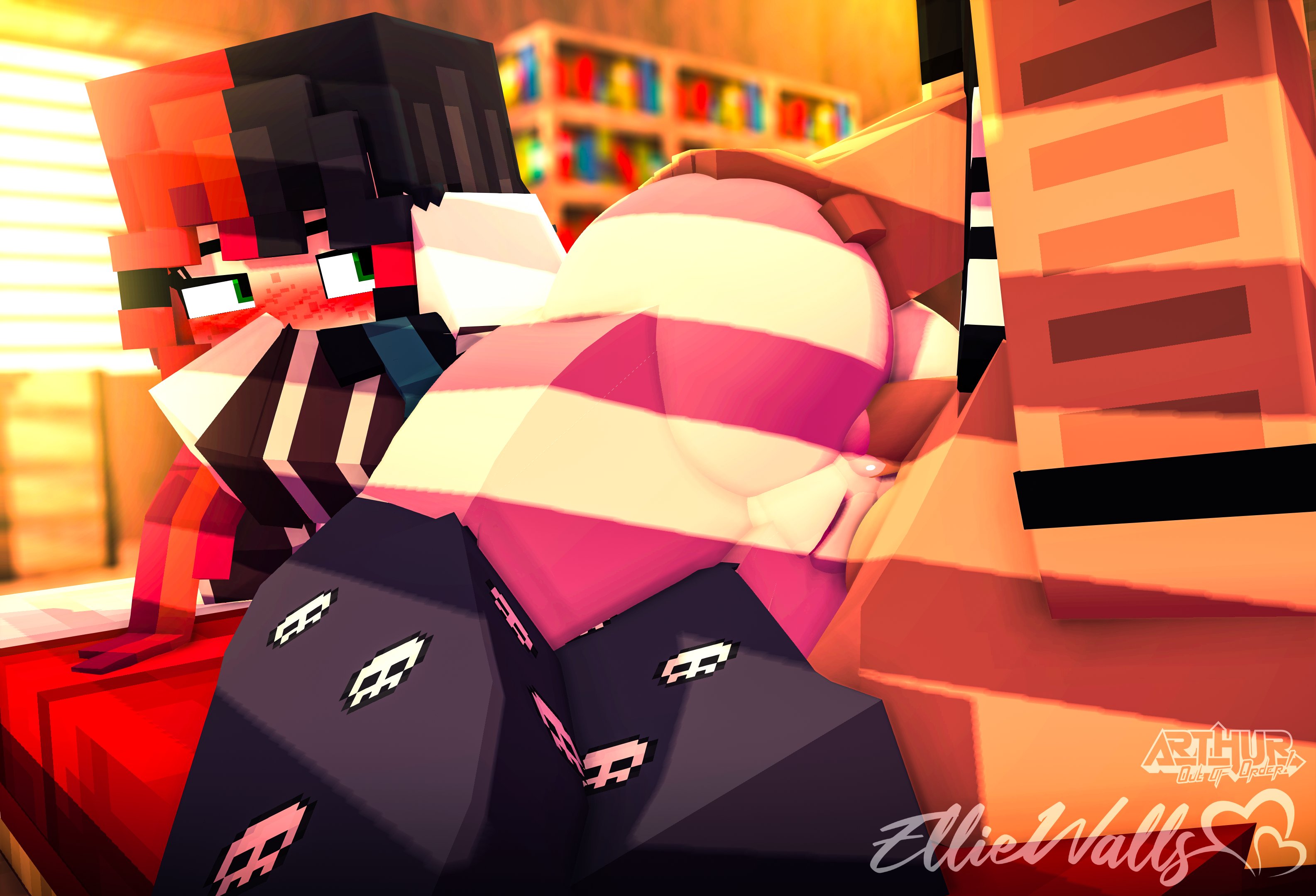 1boy, 1girls, 3d, anal, anus, ass, ass grab, big ass, blush, bottomless, ellie walls (odysseyellie), female, goth, goth girl, green eyes, horny female, looking at another, male, mex arthur (arthur32), mine-imator, minecraft, odysseyellie, on side, penis, pussy, sex, socks, straight, tagme, two-tone hair