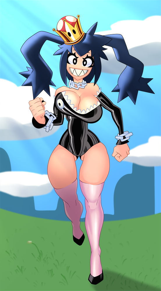 1girls big_breasts black_hair chain_chomp chompette clothed clothing female female_only fully_clothed humanized latex light-skinned_female light_skin mario_(series) new_super_mario_bros._u_deluxe satcat smile smiling solo tagme teeth thick_thighs walking white_skin wide_hips