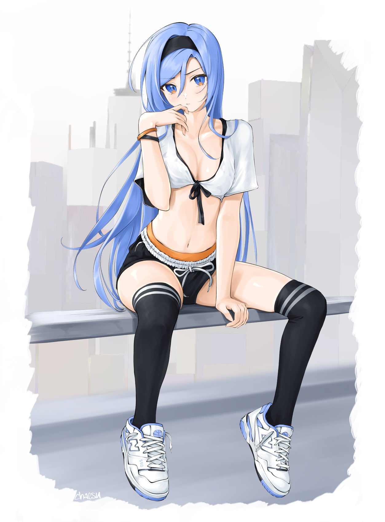 1girls belly_button blue_eyes blue_hair chaesu clothed female human long_hair looking_at_camera looking_at_viewer minah naked_thighhighs orange_eyes solo stomach thighhighs thighs