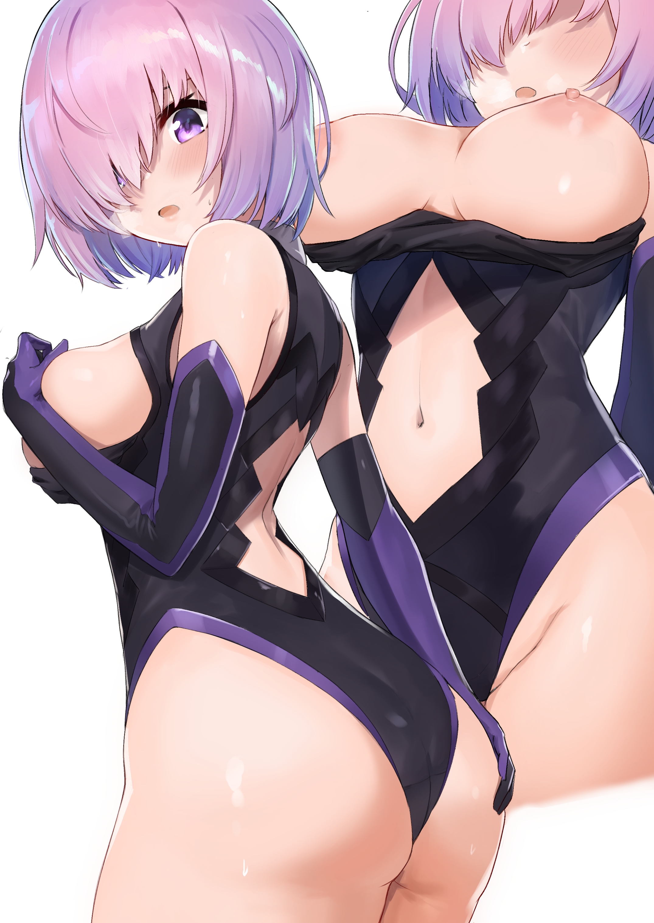 1girls, ass, ass grab, ayul (ayulneri 92), big breasts, blush, breasts, breasts out, fate (series), fate/grand order, female, female focus, female only, grabbing own ass, grabbing own breast, hair over one eye, heavy breathing, highres, leotard, looking at viewer, mash kyrielight, navel, pink hair, purple eyes, shiny skin, short hair, solo, sweat, sweatdrop, thick thighs