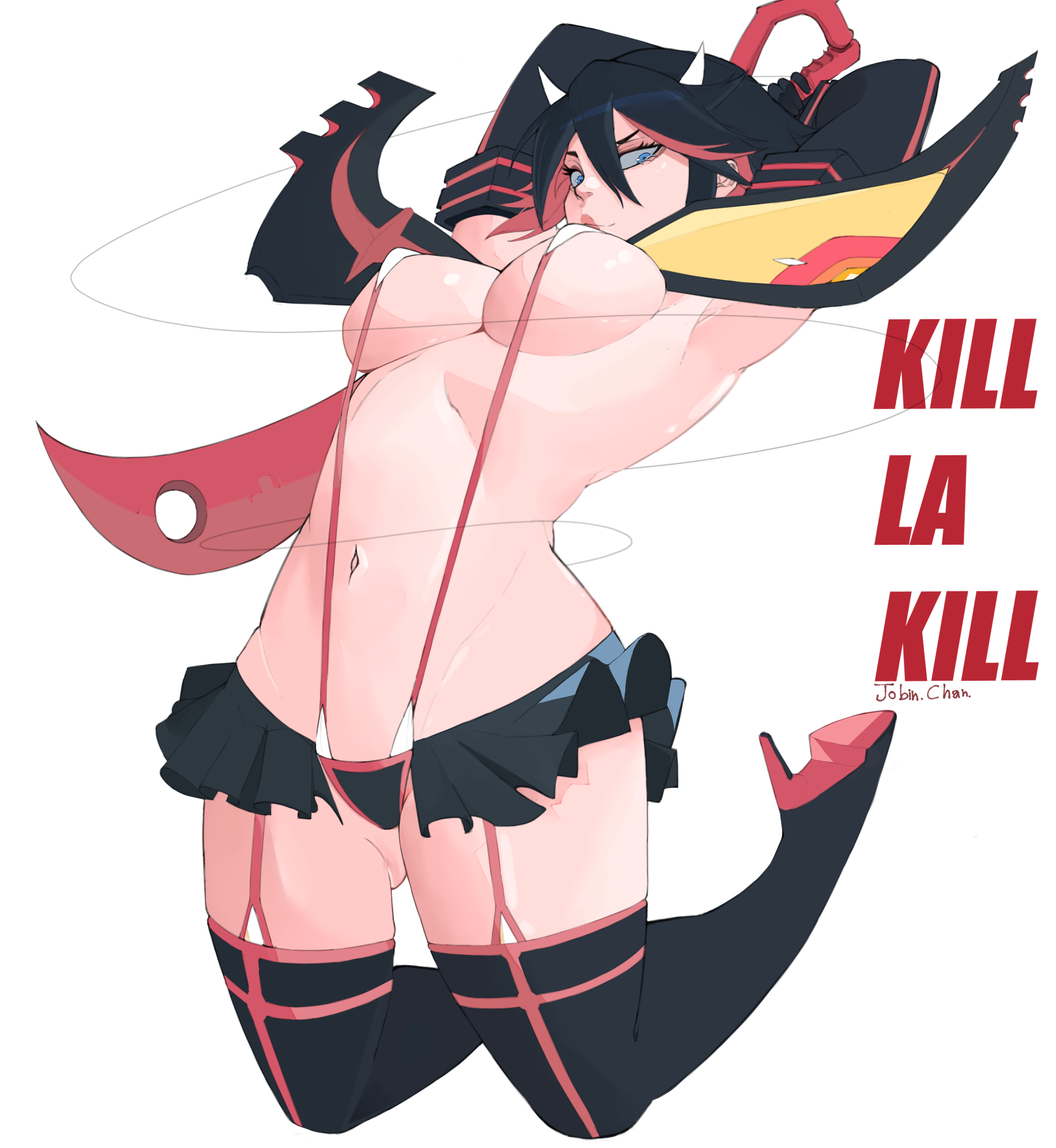 1girls, armor, armored boots, ass, bare thighs, belly, bikini, black hair, black-haired female, blue eyes, blue hair, breasts, clothing, female, female only, footwear, high heels, high resolution, huge breasts, jobin chan, jumping, kill la kill, legs, looking at viewer, matoi ryuuko, midair, scissor blade, senketsu, shoes, shoulder armor, solo, sword, thick thighs, thighs, very high resolution, weapon