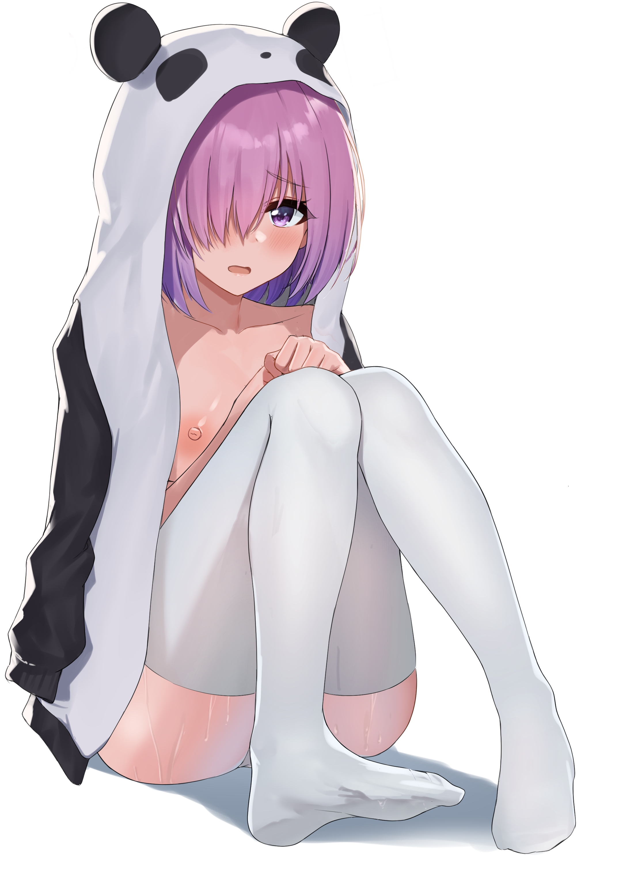 1girls, ass, ayul (ayulneri 92), breasts, color, colored, fate (series), female, female focus, female only, mash kyrielight, nipples, open mouth, panda, panda hood, purple eyes, purple hair, sitting, solo, solo female, sweat, tagme, thighhighs, wet, white background, white thighhighs