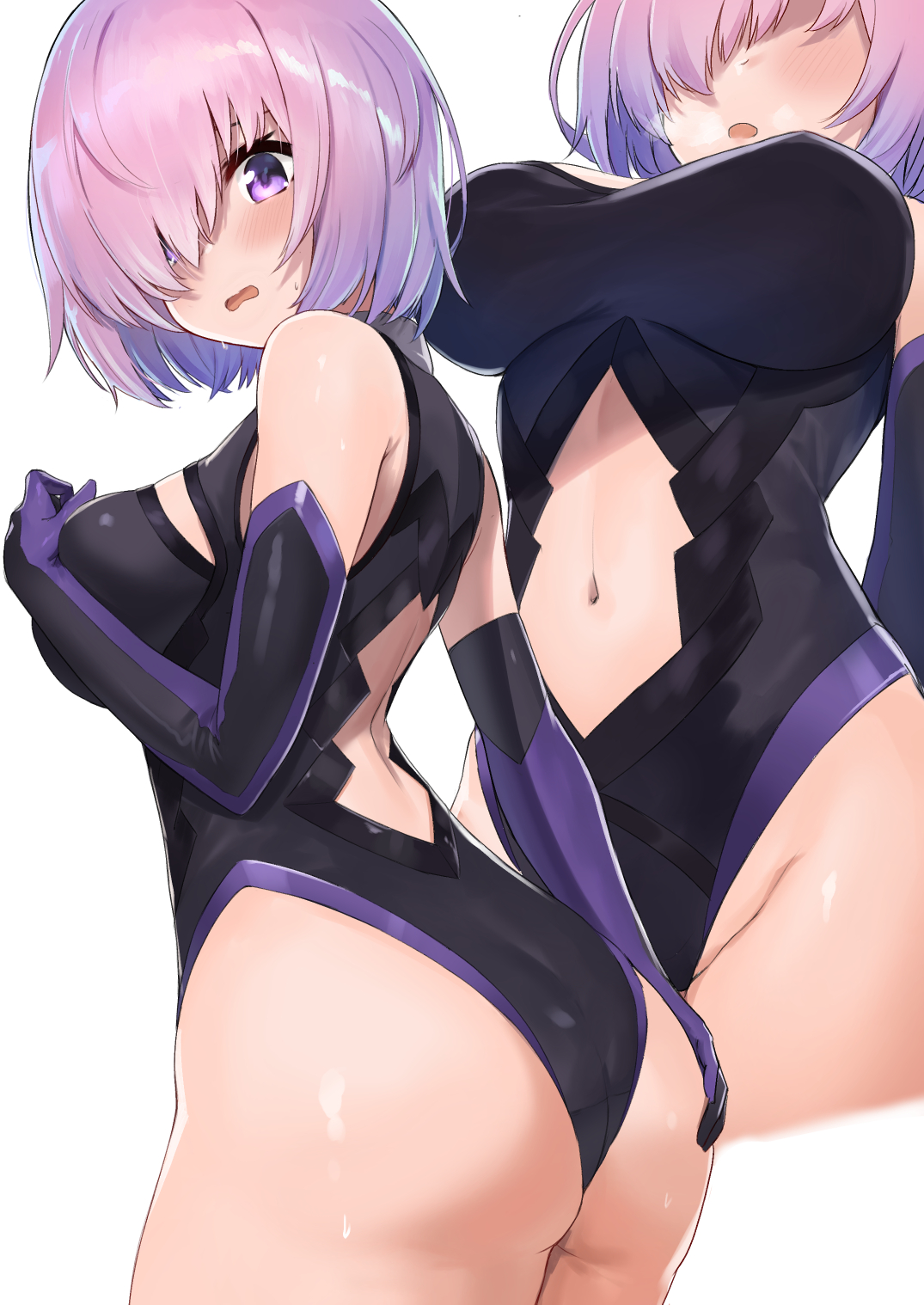 1girls, ass, ass grab, ayul (ayulneri 92), big breasts, blush, breasts, fate (series), fate/grand order, female, female focus, female only, grabbing own ass, hair over one eye, heavy breathing, highres, leotard, looking at viewer, mash kyrielight, navel, pink hair, purple eyes, shiny skin, short hair, shy, solo, sweat, sweatdrop, thick thighs