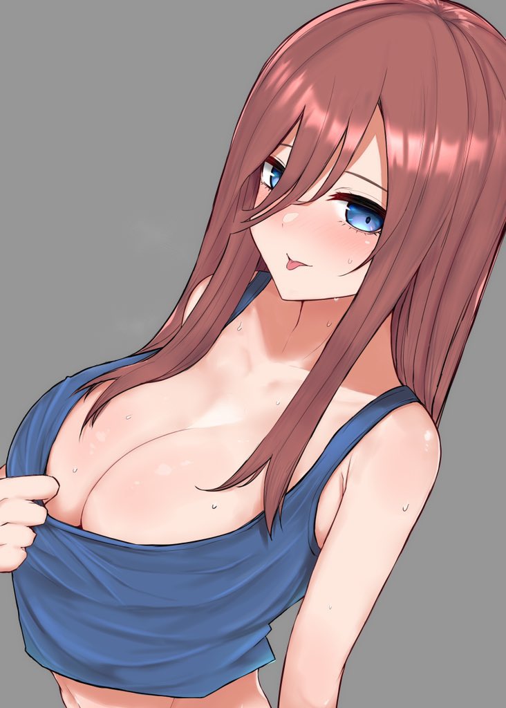 1girls 2d blue_eyes breasts brown_hair cartoony cleavage female female_only go-toubun_no_hanayome large_breasts light-skinned_female light_skin long_hair looking_at_viewer nabeshiki_(nabeyashiki) nakano_miku pale-skinned_female pale_skin solo tease tongue tongue_out