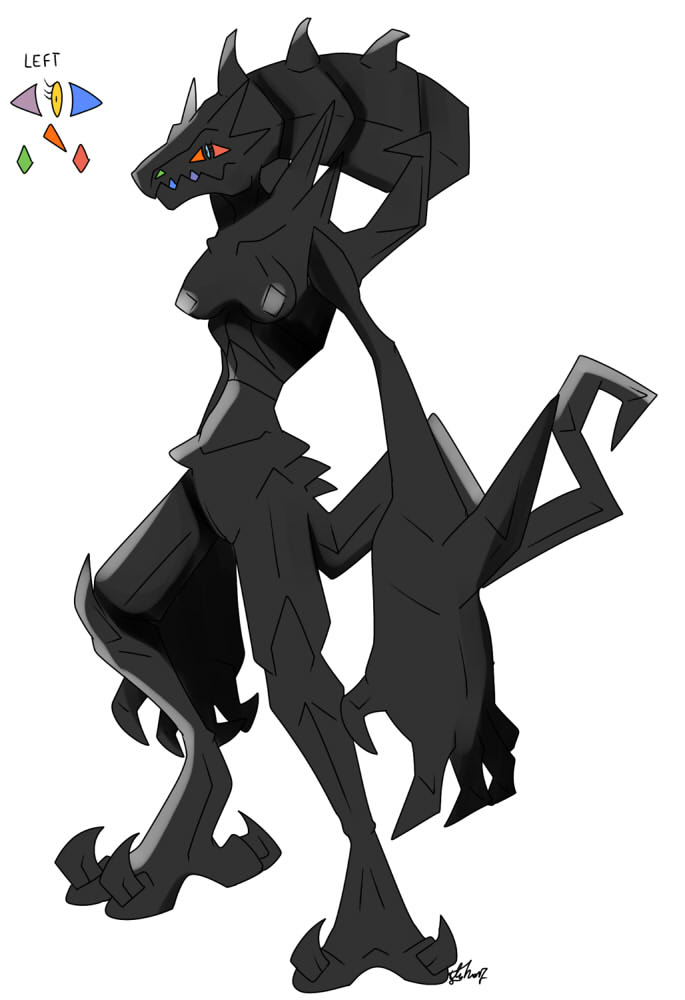 anthro anthrofied black_scales claws large_breasts necrozma nelsonnoir orange_sclera pokemon pokemon_sm standing tail