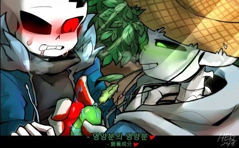 2019 2d animated_skeleton blush chinese_text farm farm_sans farmer frottage green_eyes heki_(artist) holding_penis holding_penis_together horror_sans horrortale humanoid korean_text male male/male male_on_male male_only sans sans_au sanscest text undertale undertale_(series) undertale_au undertale_fanfiction yaoi