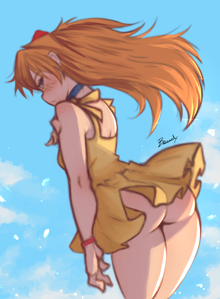 1girls, 2022, ass, asuka langley sohryu, back view, bare shoulders, bawdy, big ass, blush, breasts, choker, clothing, dress, female, female only, long hair, neon genesis evangelion, no panties, orange hair, sleeveless, sleeveless dress, solo, standing, sundress, thick thighs, thighs, yellow dress