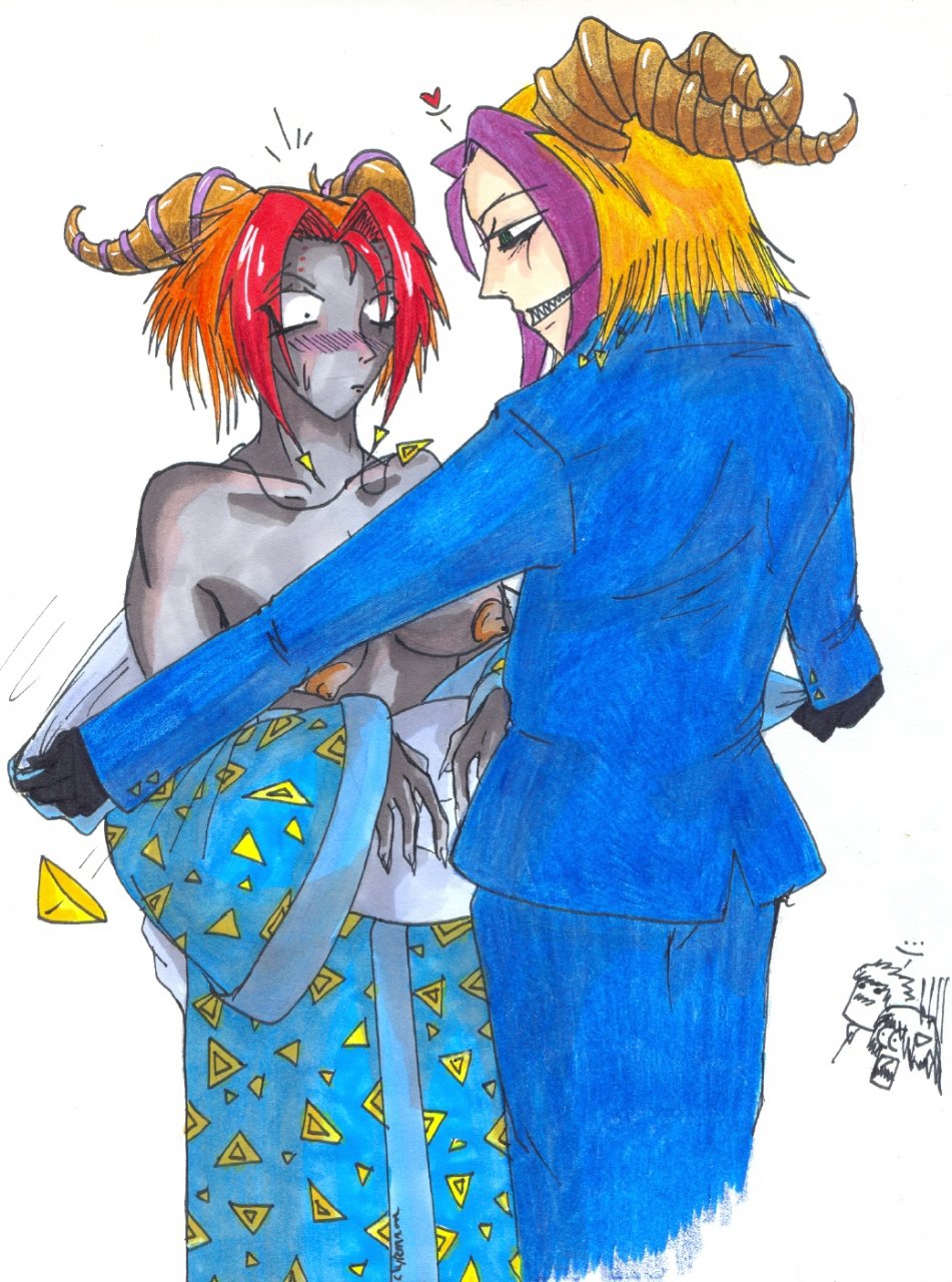 anthro blonde_hair blush grey_skin horns japanese_clothes large_breasts majin_tantei_nougami_neuro multicolored_hair necklace nelsonnoir neuro orange_hair original_character sharp_teeth straight traditional_media traditional_media_(artwork)