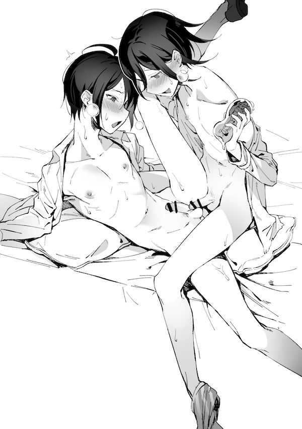 2boys, balls, blush, censored, danganronpa, danganronpa v3, frottage, gay, heavy breathing, looking at penis, looking down, male, male only, male/male, monochrome, ouma kokichi, penis, saihara shuuichi, scissoring, spread legs, sweat, visible breath, yaoi, year request, yzskxxx