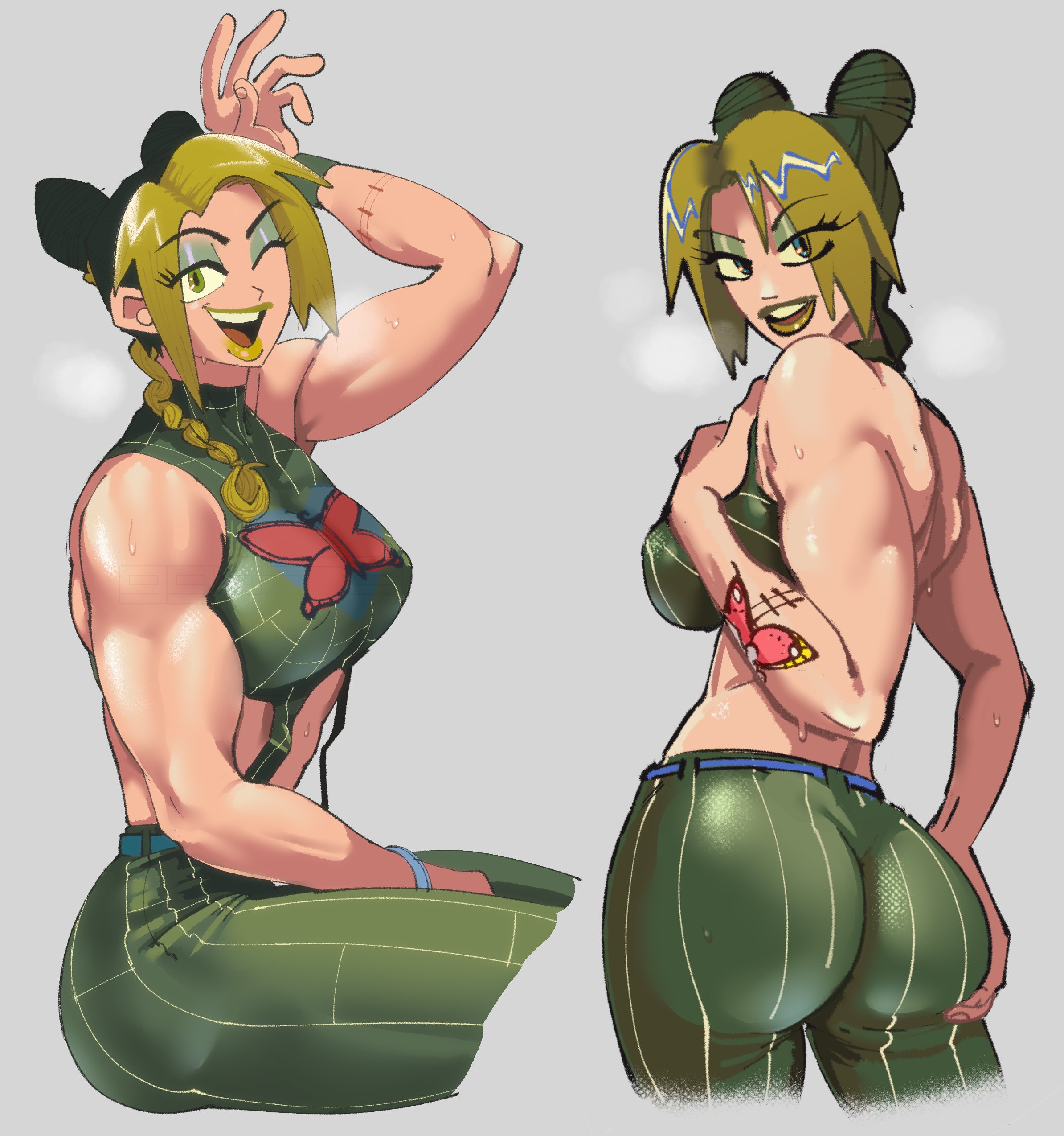 1girls, armpits, ass, biceps, big ass, big breasts, big butt, braid, braided hair, breasts, butterfly, butterfly tattoo, curvy, double bun, eyes visible through hair, eyeshadow, fat ass, female, female focus, female only, fully clothed, gg8473, green eyes, green hair, green lips, green lipstick, hair bun, halterneck, high resolution, highres, jojo's bizarre adventure, jolyne kujo, large ass, large breasts, light skin, light-skinned female, lipstick, makeup, midriff, multicolored hair, multiple angles, multiple images, muscular, muscular female, sexy armpits, sideboob, simple background, smile, smiling, smiling at viewer, solo, solo female, solo focus, steam, steaming body, steamy, stone ocean, sweat, sweating, sweaty, sweaty body, tagme, tattoo, thick ass, thick thighs, thighs, toned, toned female, two-tone hair, voluptuous