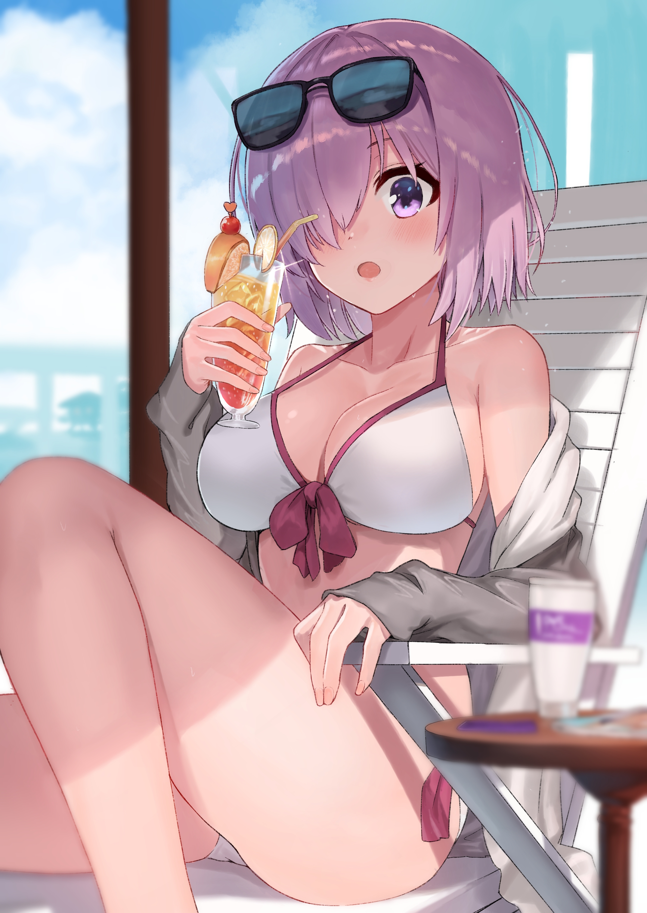 1girls, absurd res, ayul (ayulneri 92), big breasts, bikini, blurry background, blush, breasts, fate (series), fate/grand order, female, female focus, female only, glass cup, glasses, glasses on head, hair over one eye, highres, hoodie, jacket, large breasts, light skin, light-skinned female, looking at viewer, mash kyrielight, mash kyrielight (swimsuit of perpetual summer), open mouth, pink hair, purple eyes, purple hair, short hair, sunglasses, sunglasses on head, surprised, swimsuit, swimsuit of perpetual summer, white bikini