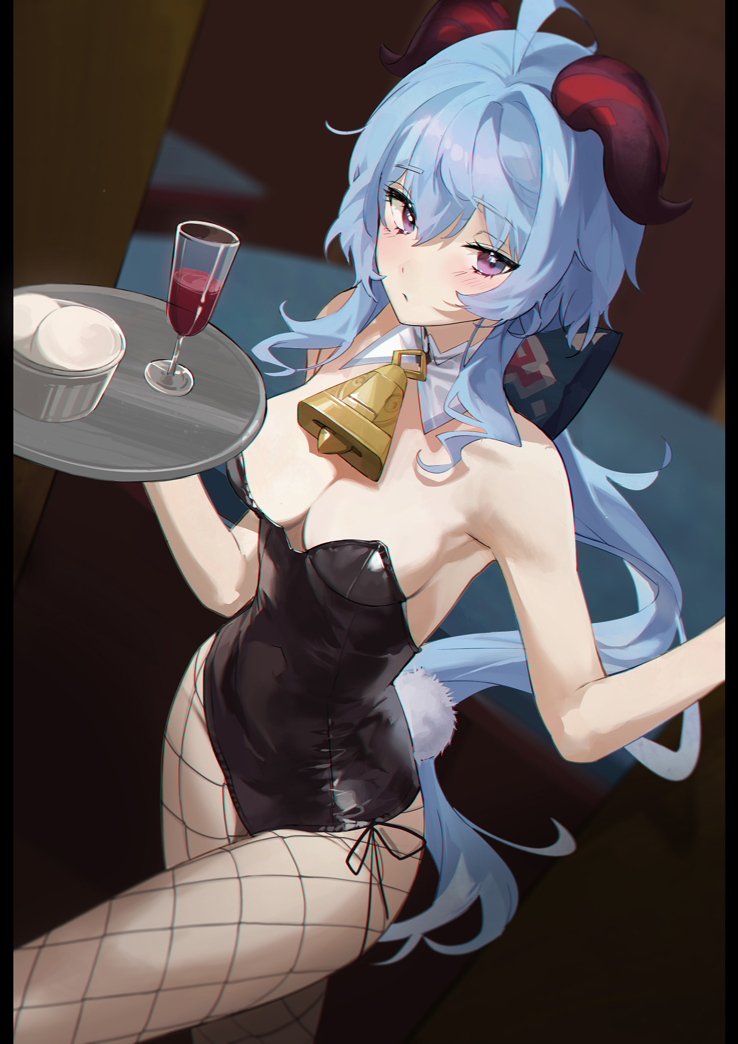1girls, alcohol, bare arms, bare shoulders, black leotard, blue hair, bow, breasts, bunny tail, cleavage, fake tail, female, fishnet legwear, fishnets, food, ganyu (genshin impact), genshin impact, horns, indoors, legwear, leotard, light skin, light-skinned female, low ponytail, medium breasts, ponytail, purple eyes, retty2706, solo, waitress, wine, wine glass