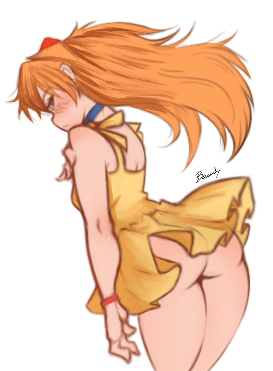 1girls, ass, asuka langley sohryu, back view, bare shoulders, bawdy, blush, breasts, choker, clothing, dress, female, female only, long hair, looking at viewer, neon genesis evangelion, no panties, orange hair, sleeveless, sleeveless dress, solo, standing, sundress, thick thighs, thighs, yellow dress
