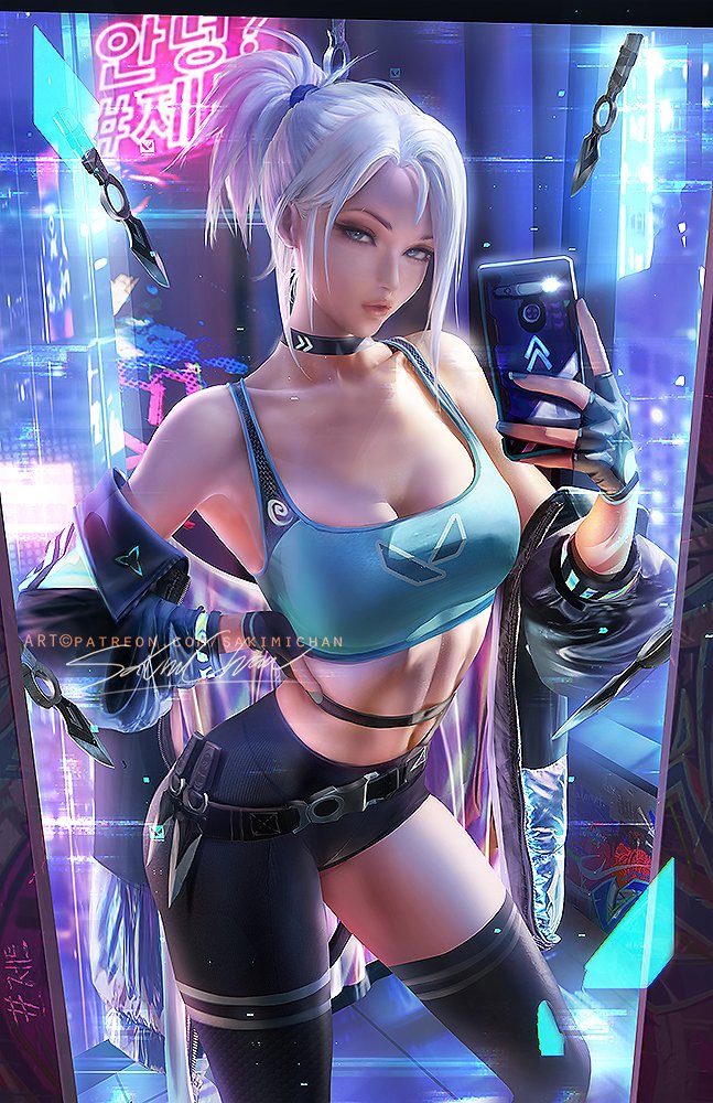 1girls, 2022, abs, artist signature, belly button, big breasts, blue eyes, breasts, cleavage, female, female only, hand on hip, hips, holding object, jett (valorant), long hair, looking at viewer, phone, ponytail, sakimichan, selfie, slim waist, tank top, thick lips, thick thighs, thighs, valorant, watermark, white hair, wide hips