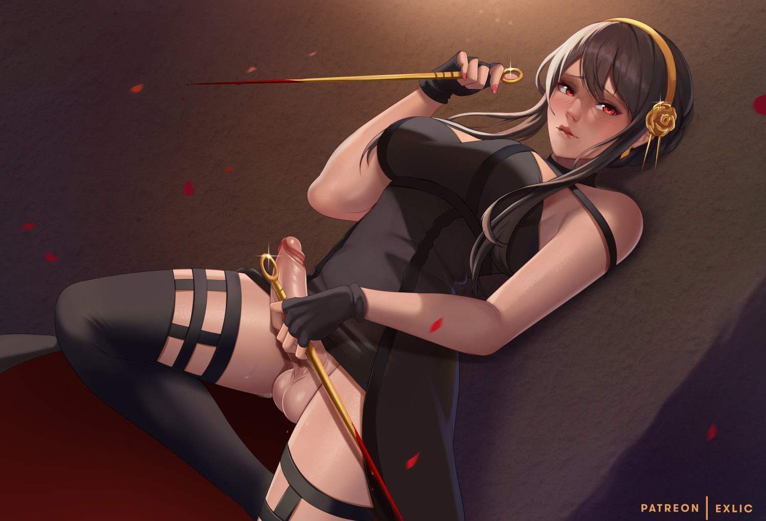 1futa, assassin, balls, big breasts, big penis, black hair, breasts, clothed, clothing, erection, exlic, futa only, futanari, human, intersex, large breasts, light skin, light-skinned futa, long hair, looking at viewer, mostly clothed, penis, solo, spy x family, stiletto (weapon), testicles, thick thighs, thighhighs, yor briar, yor forger