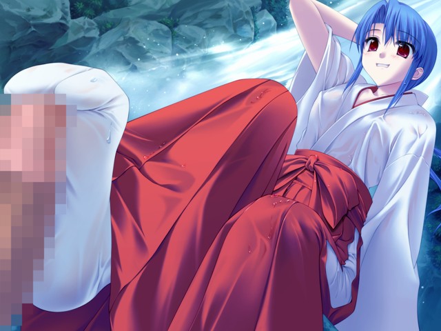 blue_hair censored ebizuka_shino feet footjob footwear hakama japanese_clothes miko mikojin penis red_eyes socks tabi underbar_summer