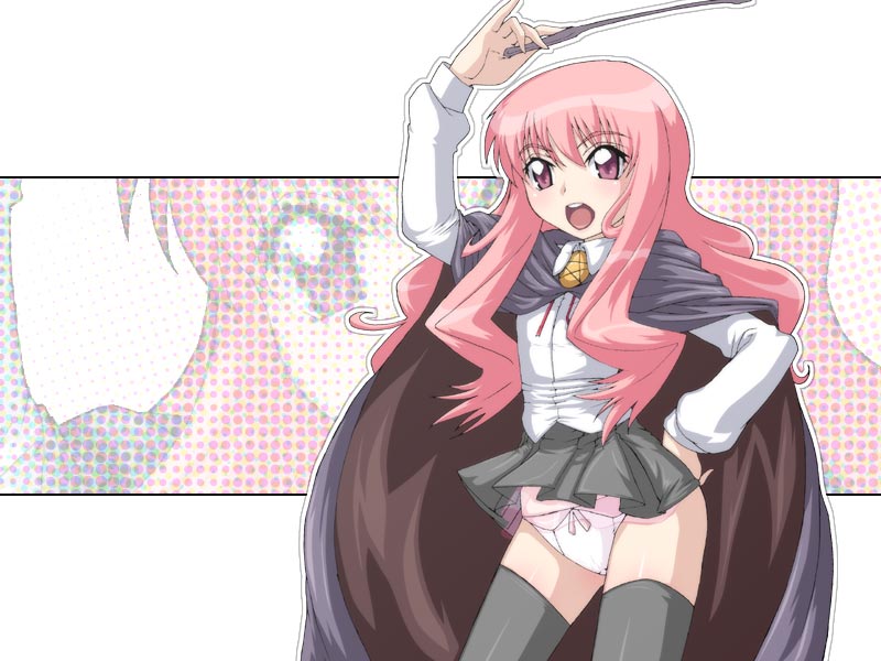 black_legwear blush bow bow_panties caryo clothing female female_only human louise_francoise_le_blanc_de_la_valliere panties pentacle pink_panties skirt solo stockings tabigarasu thighhighs underwear wallpaper zero_no_tsukaima zoom_layer