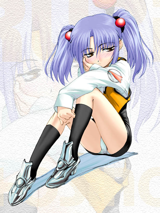 1girls blue_hair blush bored breasts brown_eyes female footwear hair_bobbles hair_ornament human kneehighs long_hair martian_successor_nadesico military_uniform miniskirt pale-skinned_female pale_skin panchira panchira_(sitting) panties pantyshot pantyshot_(sitting) pantyshot_sitting ruri_hoshino sitting skirt socks solo tamahiyo tied_hair twintails underwear uniform upskirt white_panties zoom_layer