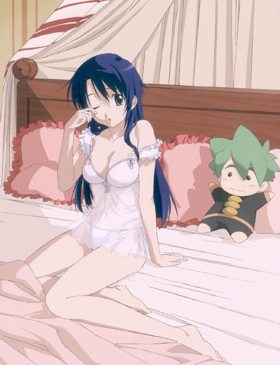 1girls barefoot bed blue_eyes blue_hair breasts character_doll chemise cleavage doll female frills iwata_hiroki lingerie long_hair mamoru-kun_ni_megami_no_shukufuku_wo! open_mouth pajamas panties pillow pink_panties purple_hair see-through side-tie_panties sitting sleepy solo stuffed_animal stuffed_toy takasu_ayako underwear underwear_only wink