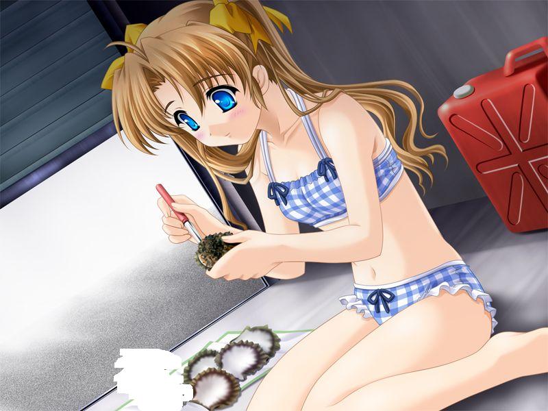 bikini blue_eyes game_cg lamune nakazato_hikari oysters plaid solo swimsuit tartan tied_hair twintails