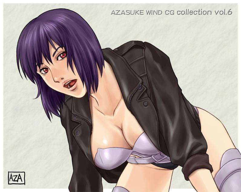 1girls azasuke belt bent_over breasts cleavage cyborg female female_only ghost_in_the_shell jacket kusanagi_motoko large_breasts leotard open_clothes open_jacket open_mouth purple_hair red_eyes short_hair signature solo thighhighs