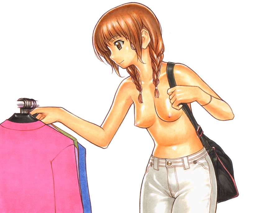 1girls bag bracelet braid breasts casual casual_topless female himehajime jeans kimi_kiss mizusawa_mao purse shirt shopping shoulder_bag shunin solo tied_hair topless twin_braids twintails