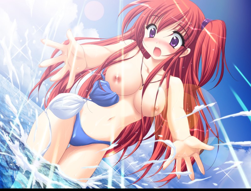 1girls accidental_exposure asahina_rinka beach bikini bikini_malfunction blush breasts downhill_night_2 emily_(artist) emily_(pure_dream) emily_(sstomomi) female game_cg jewelry moero_downhill_night_2 necklace purple_eyes red_hair solo swimsuit topless wardrobe_malfunction water