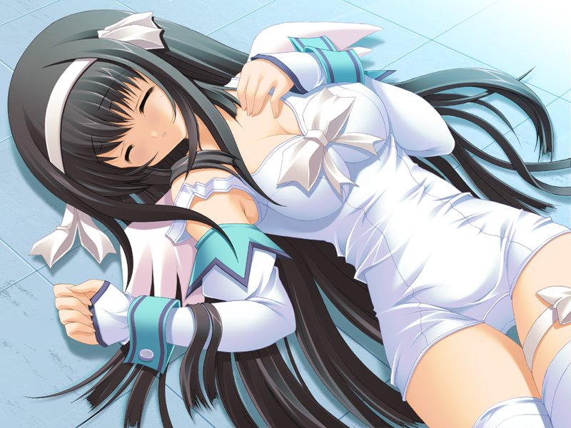 1girls black_hair bow breasts cleavage closed_eyes detached_sleeves female game_cg hairband kannazuki_nemu leg_band long_hair lying on_back one-piece_swimsuit otaku_masshigura ribbon school_swimsuit sleeping solo strap_slip swimsuit thighhighs very_long_hair white_school_swimsuit wings