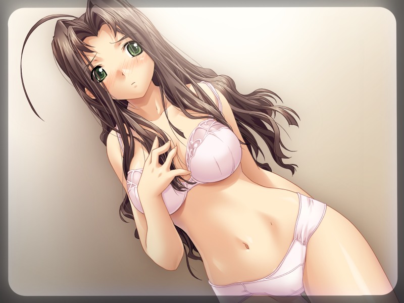 akagi_yukina blush border bra brown_hair cute dutch_angle eiken_kikaku green_eyes kinutani_akira lingerie long_hair panties pink_bra pink_panties solo underwear underwear_only white_bra white_panties