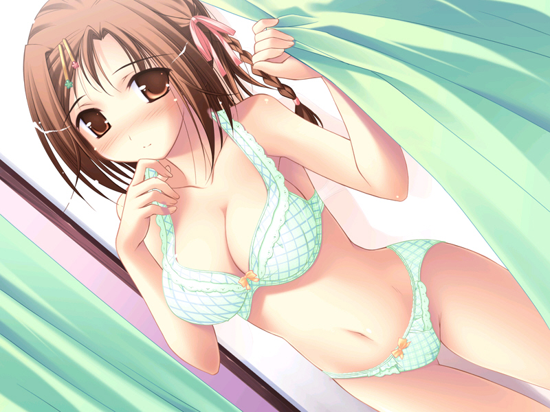 1girls blush bow bow_bra bow_panties bra braid breasts brown_eyes brown_hair checkered checkered_bra checkered_panties curtains dutch_angle female game_cg green_bra green_panties hair_ornament hair_ribbon hairclip happiness happiness! kamisaka_haruhi lingerie long_hair navel panties ribbon solo standing string underwear underwear_only