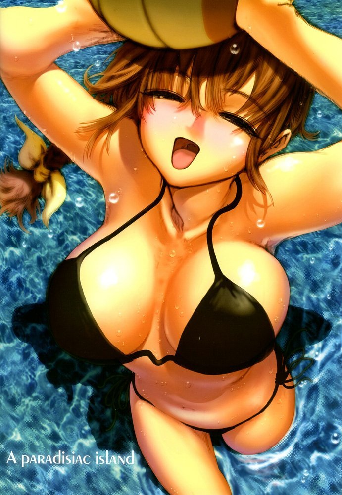 1girls above_view bb beach bikini braided_ponytail breasts brown_eyes brown_hair closed_eyes dead_or_alive ebina_souichi eyeshadow female fringe ginger human human_only kasumi_(doa) large_breasts long_hair orange_eyes ponytail slim swimsuit throat tongue tongue_out wet