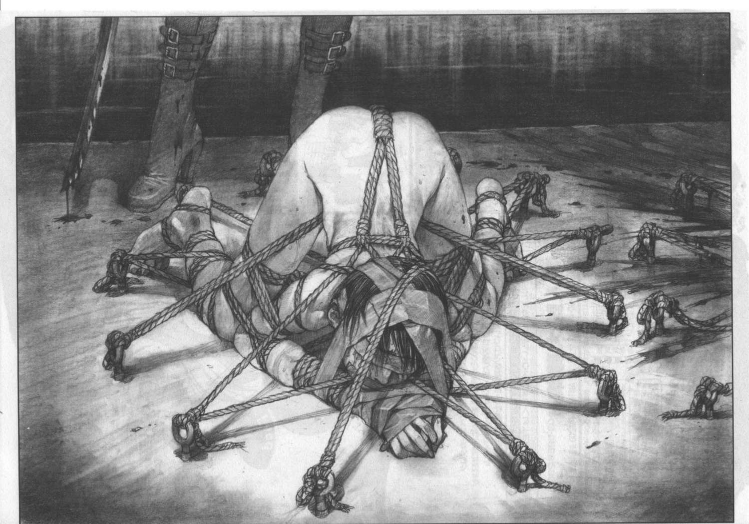 barefoot blindfold blood blood_splatter blood_stain bloody_sword bondage fear gag gagged greyscale guro hair helpless hiroaki_samura katana monochrome murder nude peril rope samura_hiroaki scared short_hair solo_focus sword tape tears top-down_bottom-up torture violence weapon