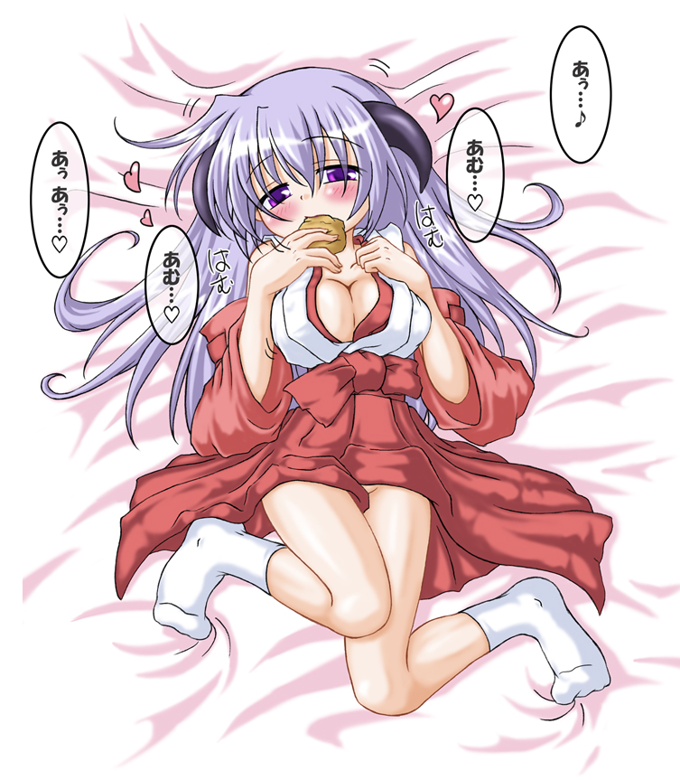 07th_expansion 1girls bed blush breasts cleavage cookie female food footwear hakama hanyuu higurashi_no_naku_koro_ni horns inasaki_shirau lying shubesuta socks solo