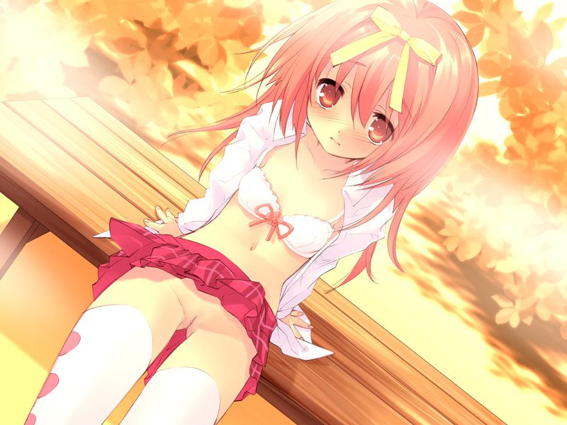 1girls akihime_sumomo arm_support autumn blush bow bow_bra bra dress_shirt dutch_angle fall female flat_chest game_cg hairbow itou_noiji lingerie microskirt nanatsuiro_drops no_panties open_clothes open_shirt pink_eyes pink_hair plaid plaid_skirt pleated_skirt print_legwear print_thighhighs pussy ribbon ribbons school_uniform seifuku serafuku shirt sitting skirt skirt_around_belly skirt_lift solo tartan thighhighs uncensored underwear upskirt white_bra white_legwear white_thighhighs