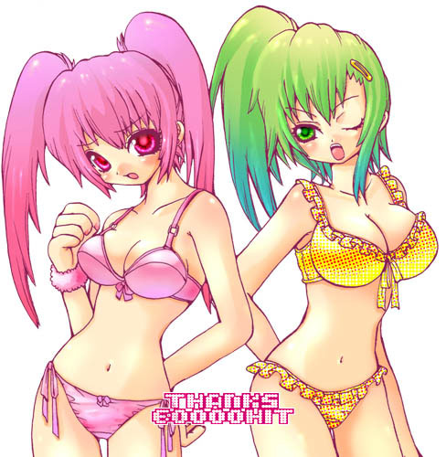 2girls artist_request bb beatmania beatmania_iidx bikini blush breasts female female_only green_eyes green_hair hits huge_breasts kitami_erika lace large_breasts lowres milestone_celebration mizushiro_celica multiple_girls pink_eyes pink_hair ponytail side-tie_bikini swimsuit tied_hair twintails