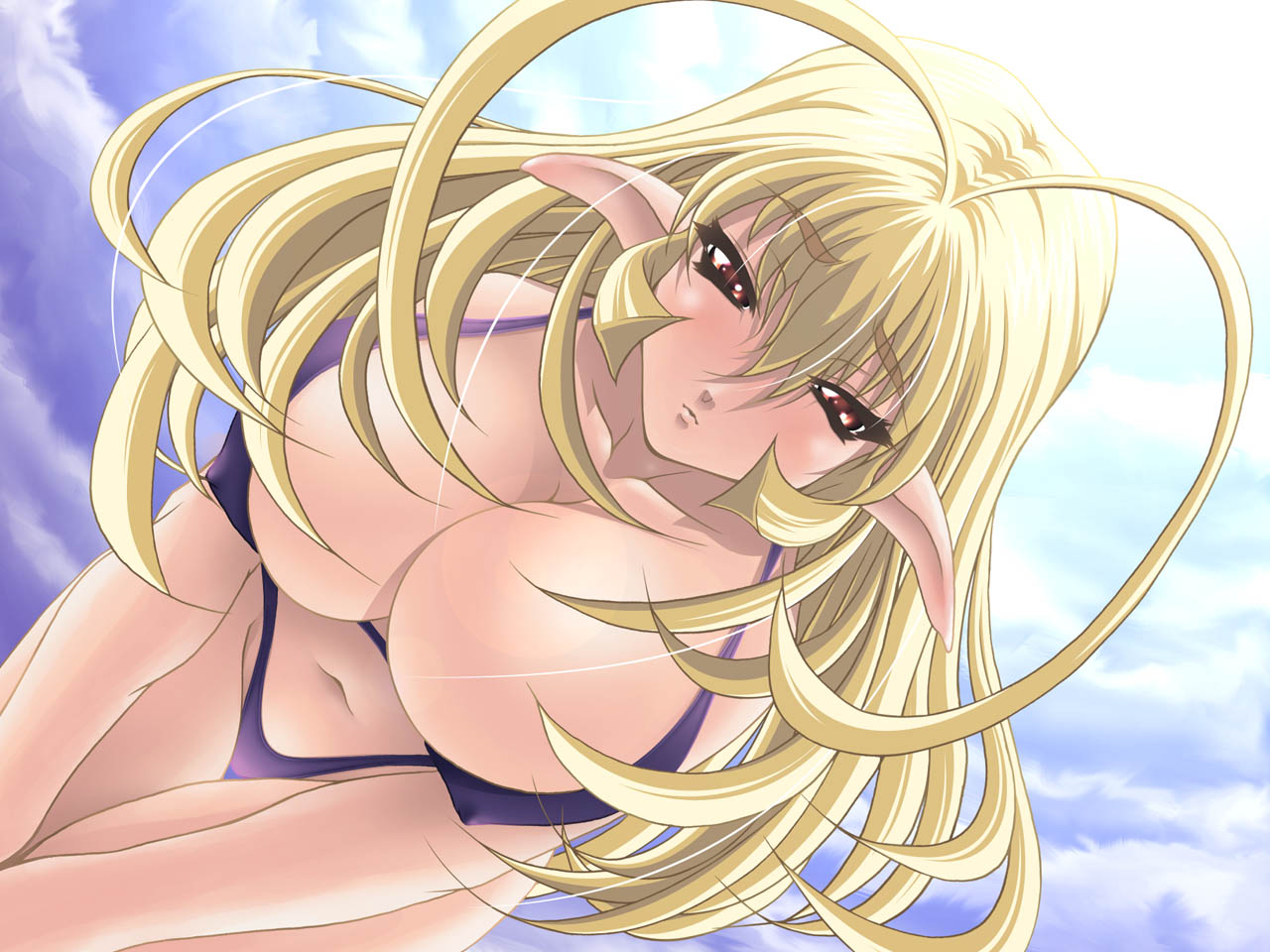 bent_over big big_breasts bikini blonde_hair breasts brown_eyes elf erect_nipples female female_only huge_breasts large_breasts long_hair no_source pointy_ears sky solo source_request swimsuit yn_red