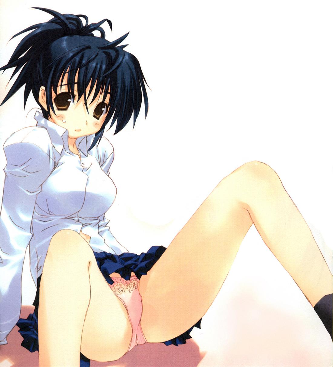 arm_support black_legwear black_socks blue_hair blush brown_eyes dress_shirt footwear highres ichigo_100 ichigo_100_percent lace lace_panties mitsumi_misato mukai_kozue open_mouth original panties pantyshot pantyshot_(sitting) pantyshot_sitting pink_panties ponytail shirt short_hair sitting skirt socks solo spread_legs tied_hair underwear