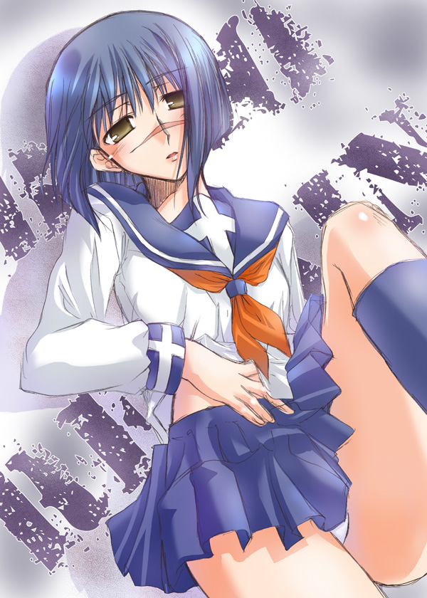 ayano_naoto blue_legwear bob_cut busou_renkin clothing kneehighs panties pantyshot skirt socks solo tsumura_tokiko underwear white_panties