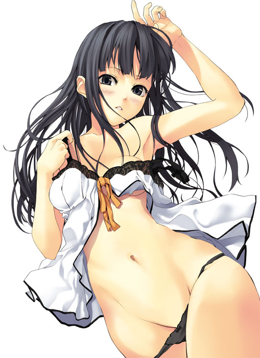 armpits babydoll black_hair black_panties bow bow_panties chemise hands lingerie long_hair looking_at_viewer lowleg lowleg_panties midriff mound_of_venus navel original panties panty_pull runa underwear underwear_only