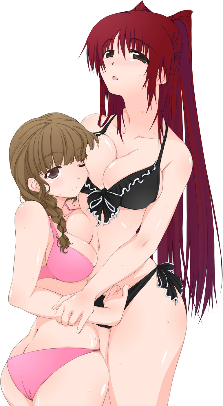 2girls ass bikini blush breast_press breasts brown_hair cleavage crossover curvy face female hands highres kimi_kiss kousaka_tamaki large_breasts long_hair mizusawa_mao multiple_girls navel open_mouth red_hair smile sweat swimsuit to_heart_(series) to_heart_2 wink yamaguchi_homupe yuri