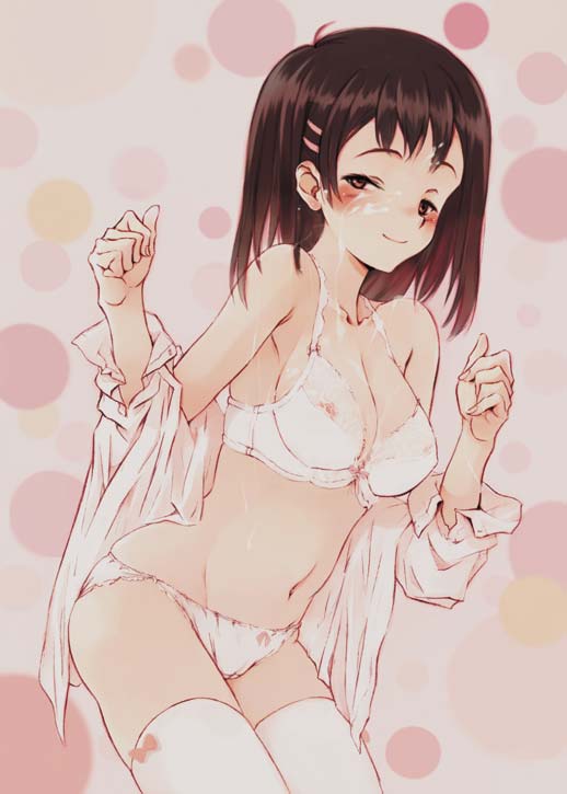 bow bow_bra bow_legwear bow_panties bow_thighhighs bra cum lace-trimmed_panties lingerie panties thighhighs underwear white_bra white_legwear white_panties