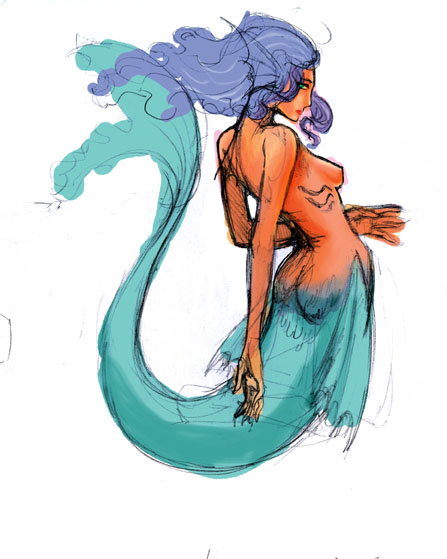 breasts female gills head_fins headfins mermaid monster_girl purple_hair simple_background sketch tan topless