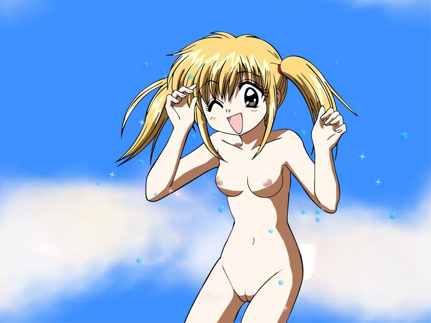 anime_style blonde_hair breasts brown_eyes female female_only human minami_kaede nude sky smile solo standing tagme tied_hair twintails wagamama_fairy_mirumo_de_pon! wink