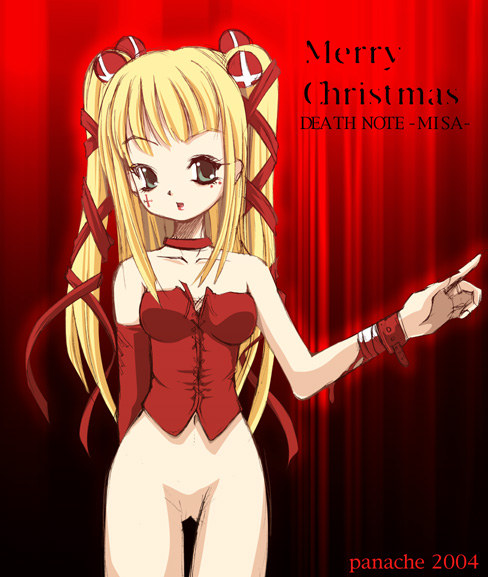 bandage beige_skin bleeding blonde_hair blood blood_stain bloody_bandage bottomless choker christmas clothes color death_note female female_only front_view green_eyes human looking_at_viewer misa_amane open_eyes red_blood ribbon solo standing tied_hair twintails